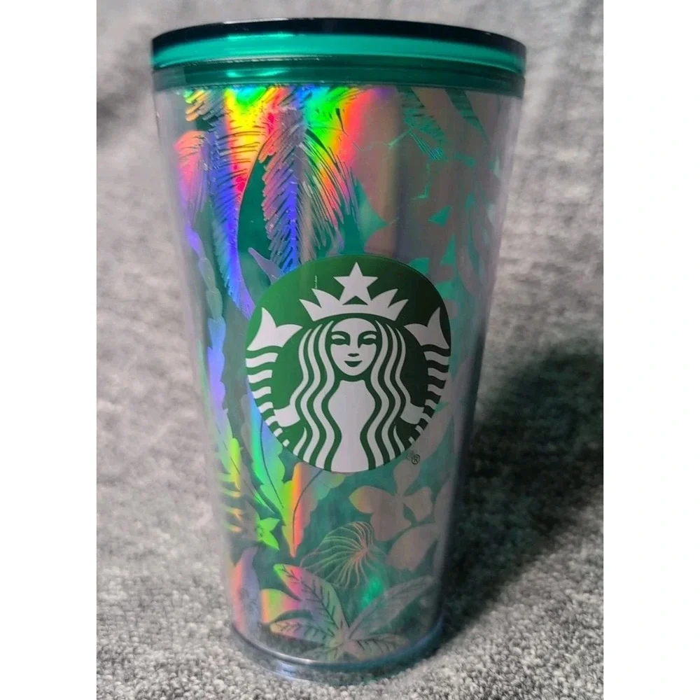 Starbucks 2022 Summer Grande 16oz‎ Silver Green Foliage Tumbler No Straw